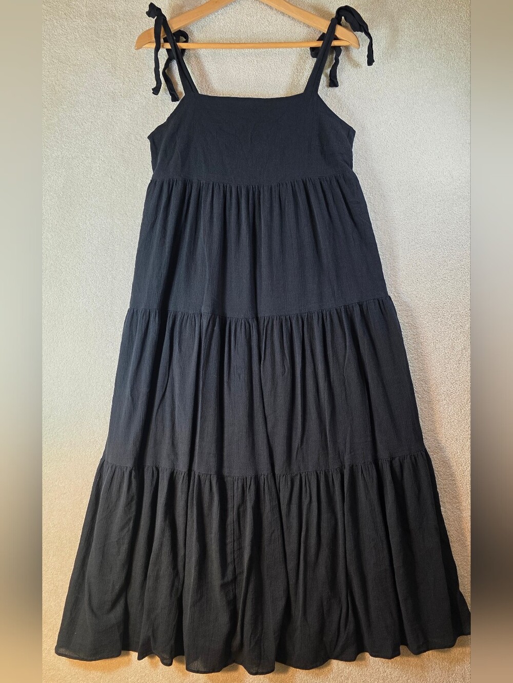 Madewell Tie Strap Tiered Midi Dress Black Dark Cottage Romantic Flowy Size S